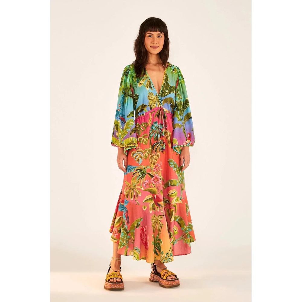 Farm Rio Ombre Forest Ruffle Tunic Dress Colorfull Tropical Maxi Dress  M